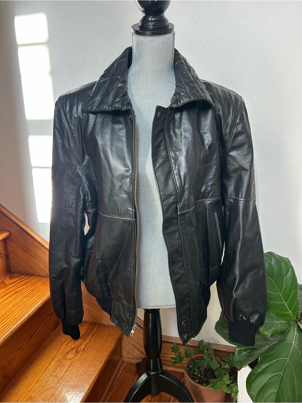 Vintage Black Leather Bomber Jacket - Women's Sears The Leather Shop Genuine
